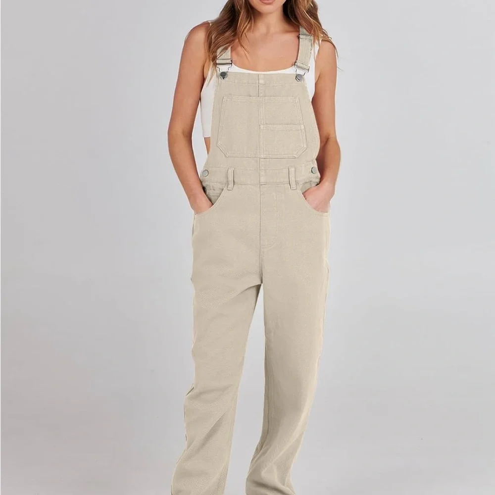 Loose Fit Beige Denim Overalls Jean Jumpsuit Bib Romper Women’s XL - Picture 6 of 14